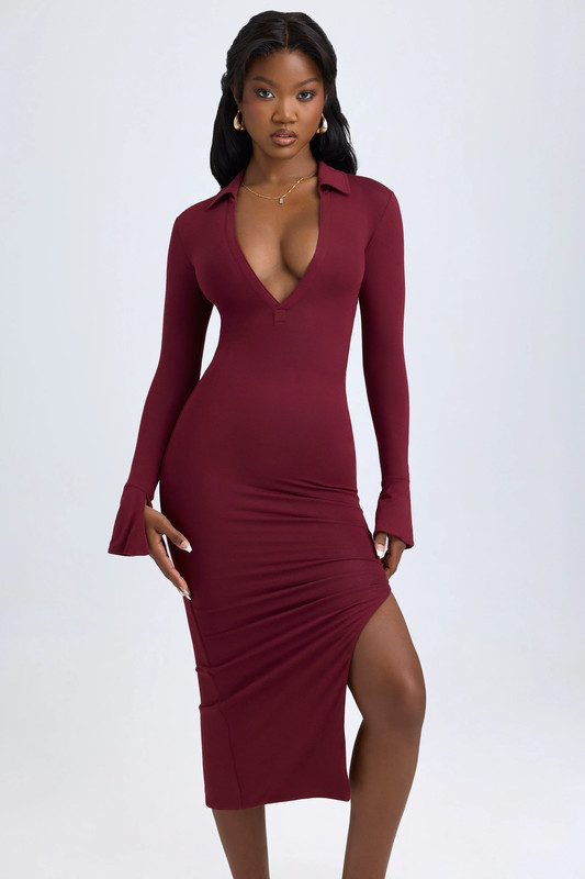 Modal Plunge V-Neck Midaxi Dress in Wine Red - Size:L